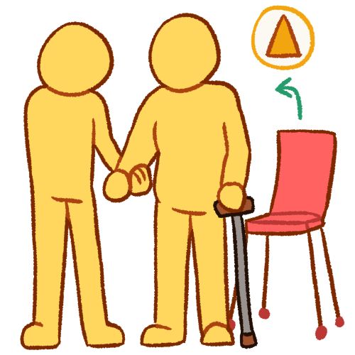 a drawing of two people, one sitting on a pink floor chair and the other with their hand on the first person's shoulder. in the bottom left side of the drawing there is an orange triangle inside of a white circle.